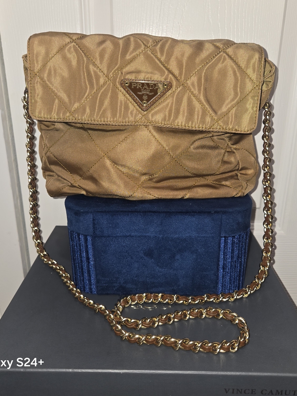 PRADA Chain Shoulder Bag Quilted Tessuto Nylon Khaki